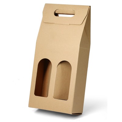 Luxury Custom Printed 2 Bottle Cardboard Kraft Paper Corrugated Wine Box With Die Cut Handle